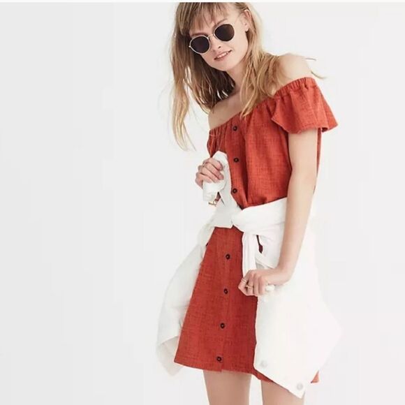 Madewell Off the Shoulder Flutter Sleeve Textured Dress Burnt Orange XXS - Picture 1 of 7